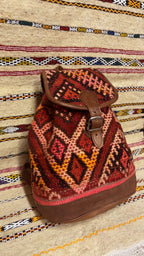 Moroccan Leather Backpack with Red Kilim