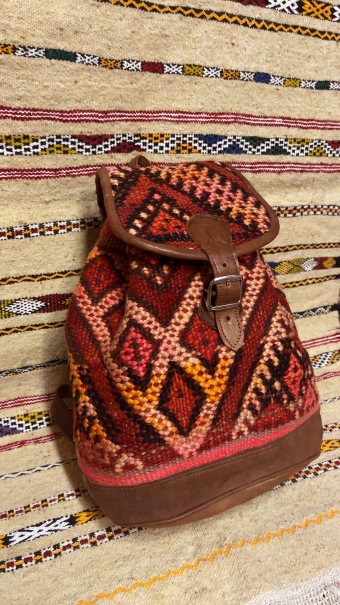 Moroccan Leather Backpack with Red Kilim