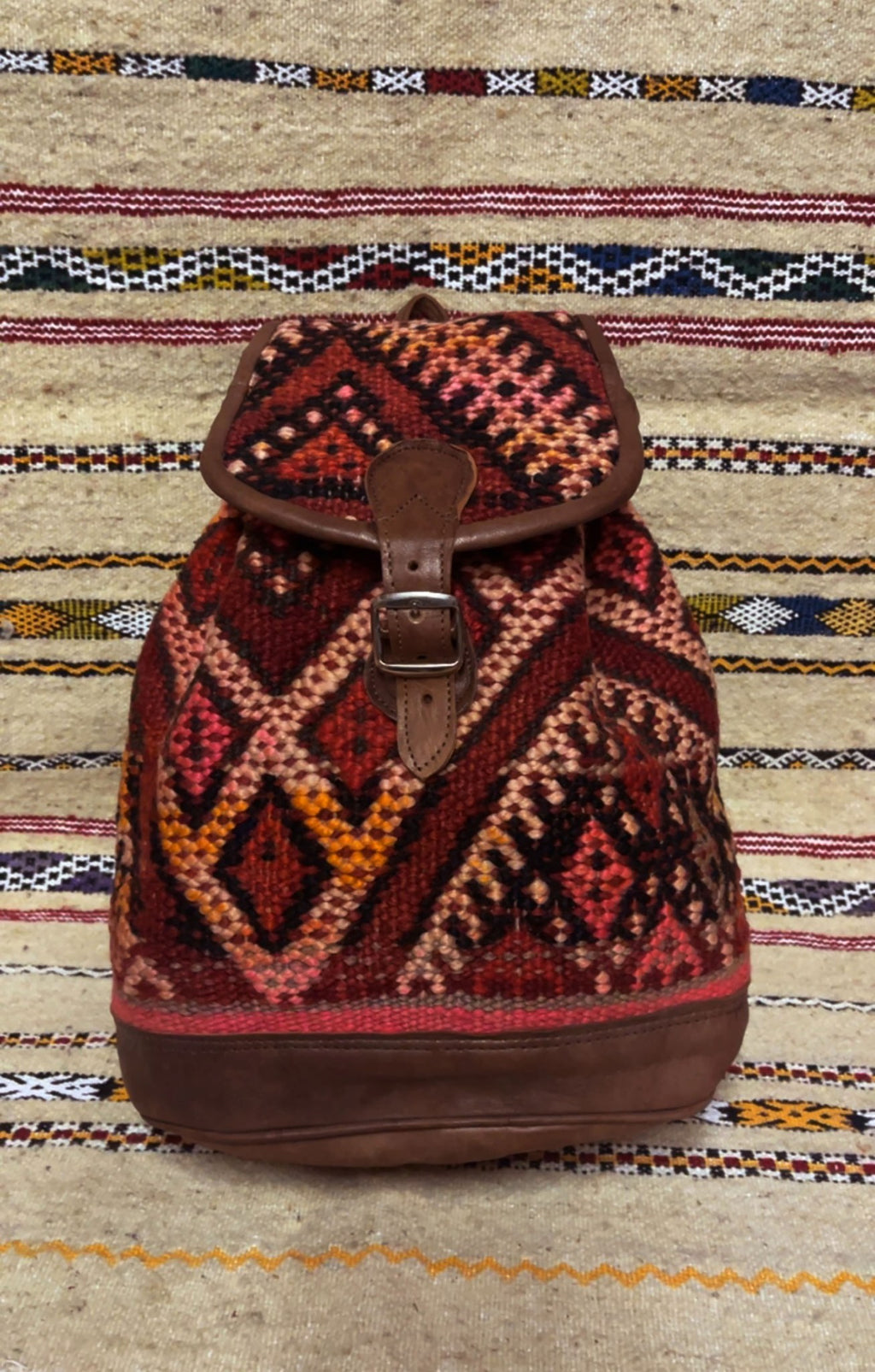 Moroccan Leather Backpack with Red Kilim