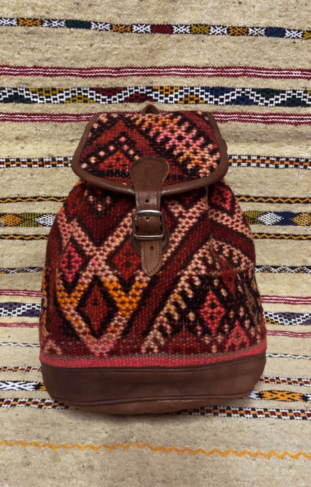 Moroccan Leather Backpack with Red Kilim