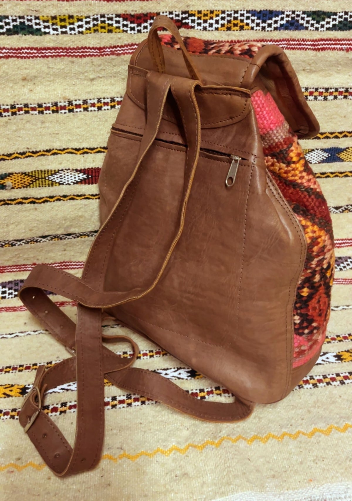 Moroccan Leather Backpack with Red Kilim