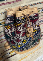 Moroccan Tan Leather Backpack with Black and White Kilim