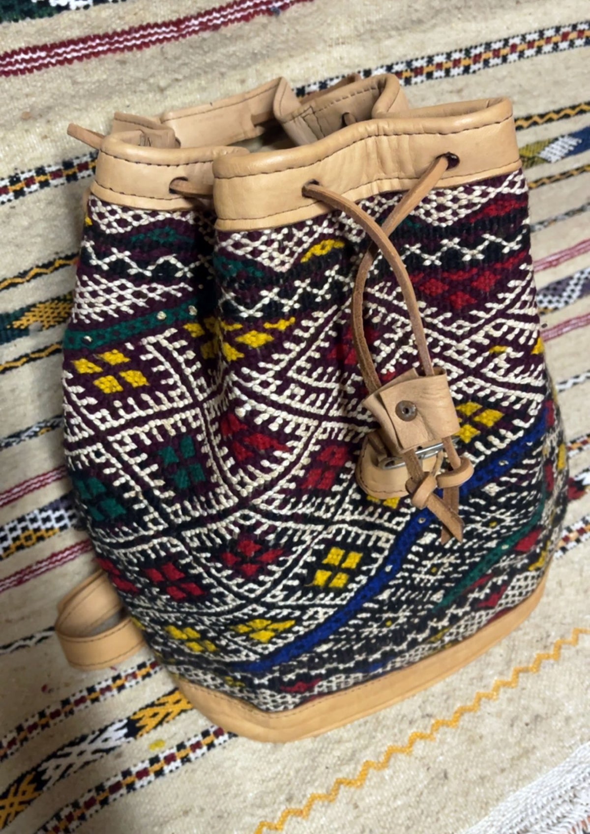 Moroccan Tan Leather Backpack with Black and White Kilim