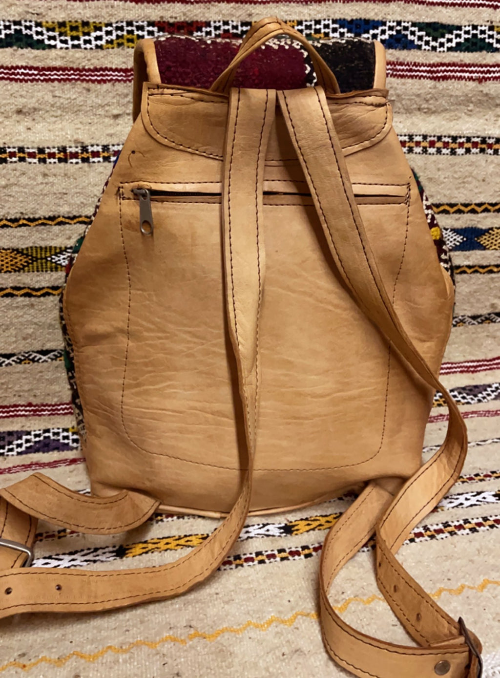 Moroccan Tan Leather Backpack with Black and White Kilim