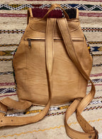 Moroccan Tan Leather Backpack with Black and White Kilim