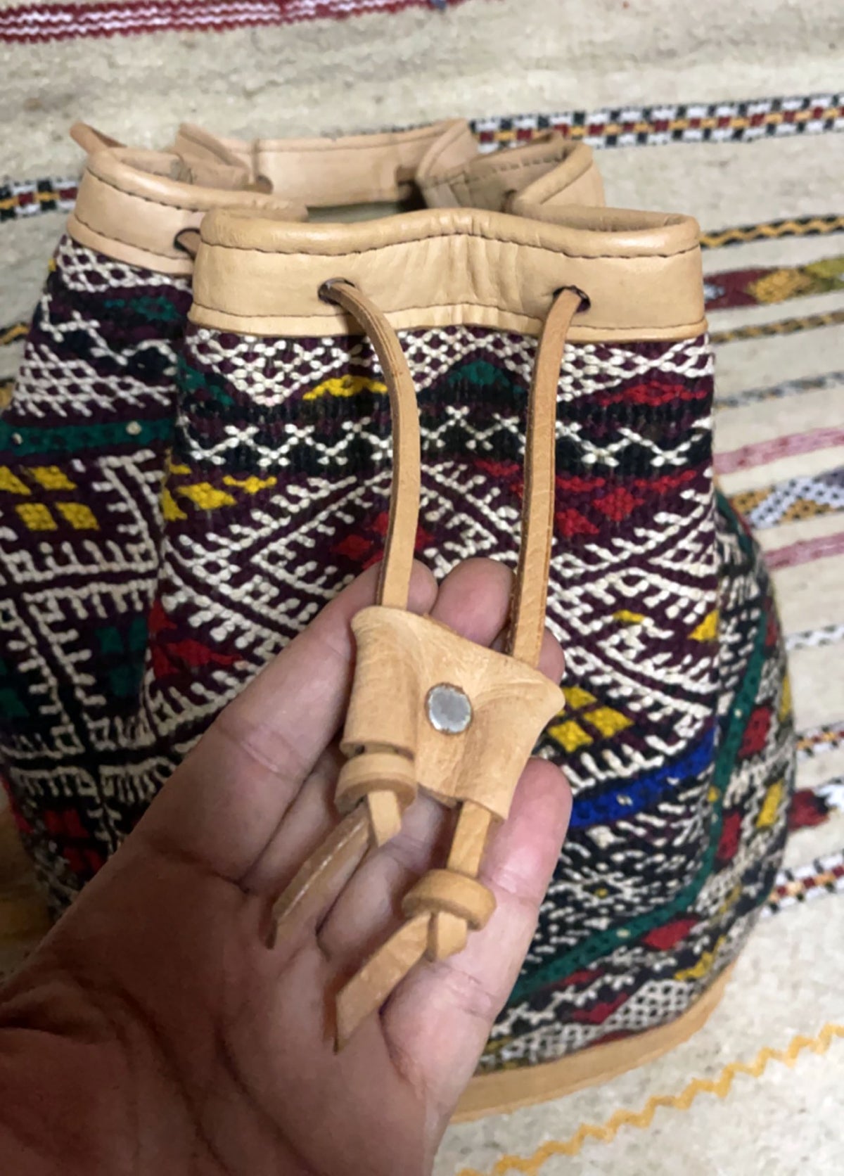 Moroccan Tan Leather Backpack with Black and White Kilim