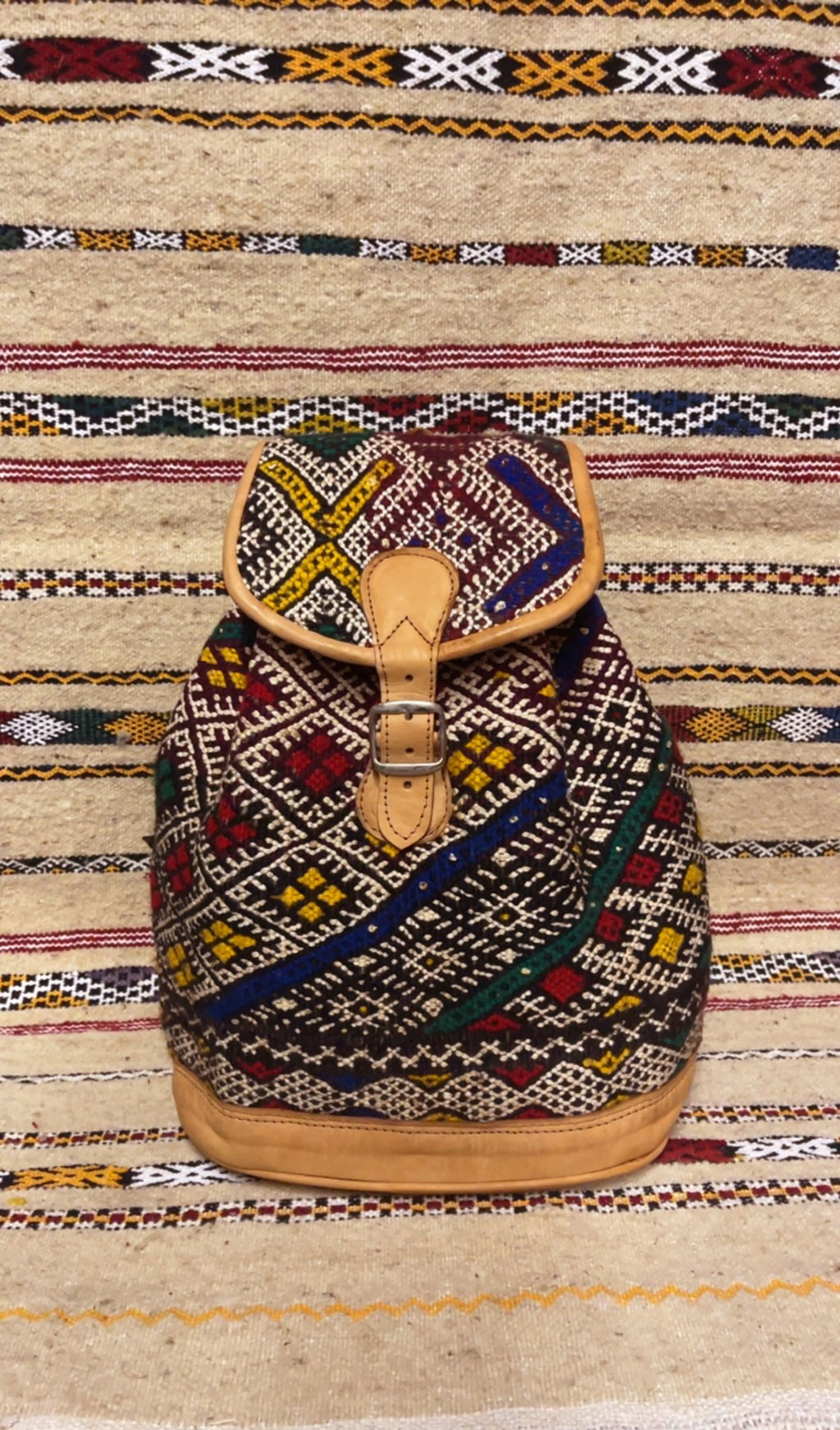 Moroccan Tan Leather Backpack with Black and White Kilim