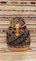 Moroccan Tan Leather Backpack with Black and White Kilim