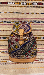Moroccan Tan Leather Backpack with Black and White Kilim
