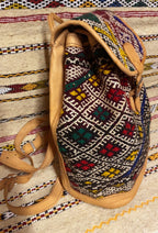 Moroccan Tan Leather Backpack with Black and White Kilim