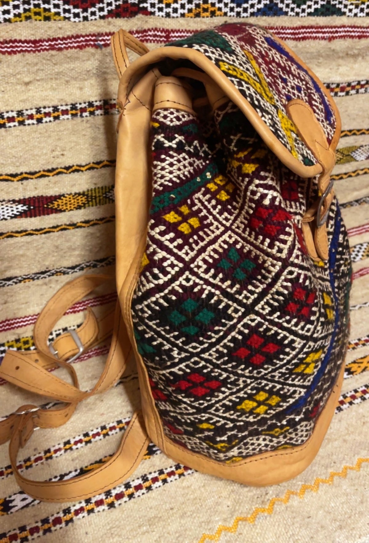 Moroccan Tan Leather Backpack with Black and White Kilim