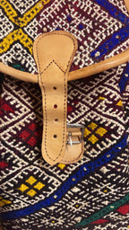 Moroccan Tan Leather Backpack with Black and White Kilim