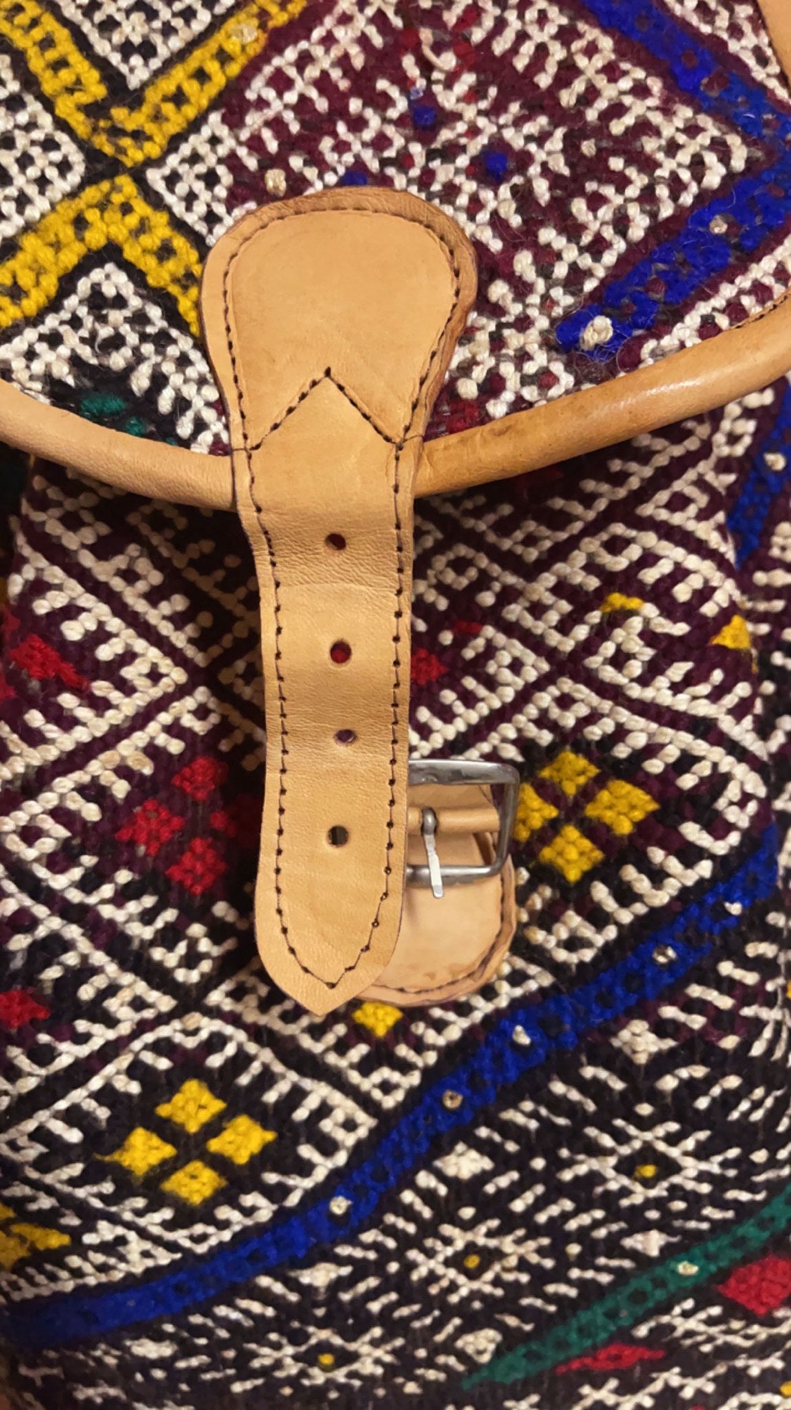 Moroccan Tan Leather Backpack with Black and White Kilim