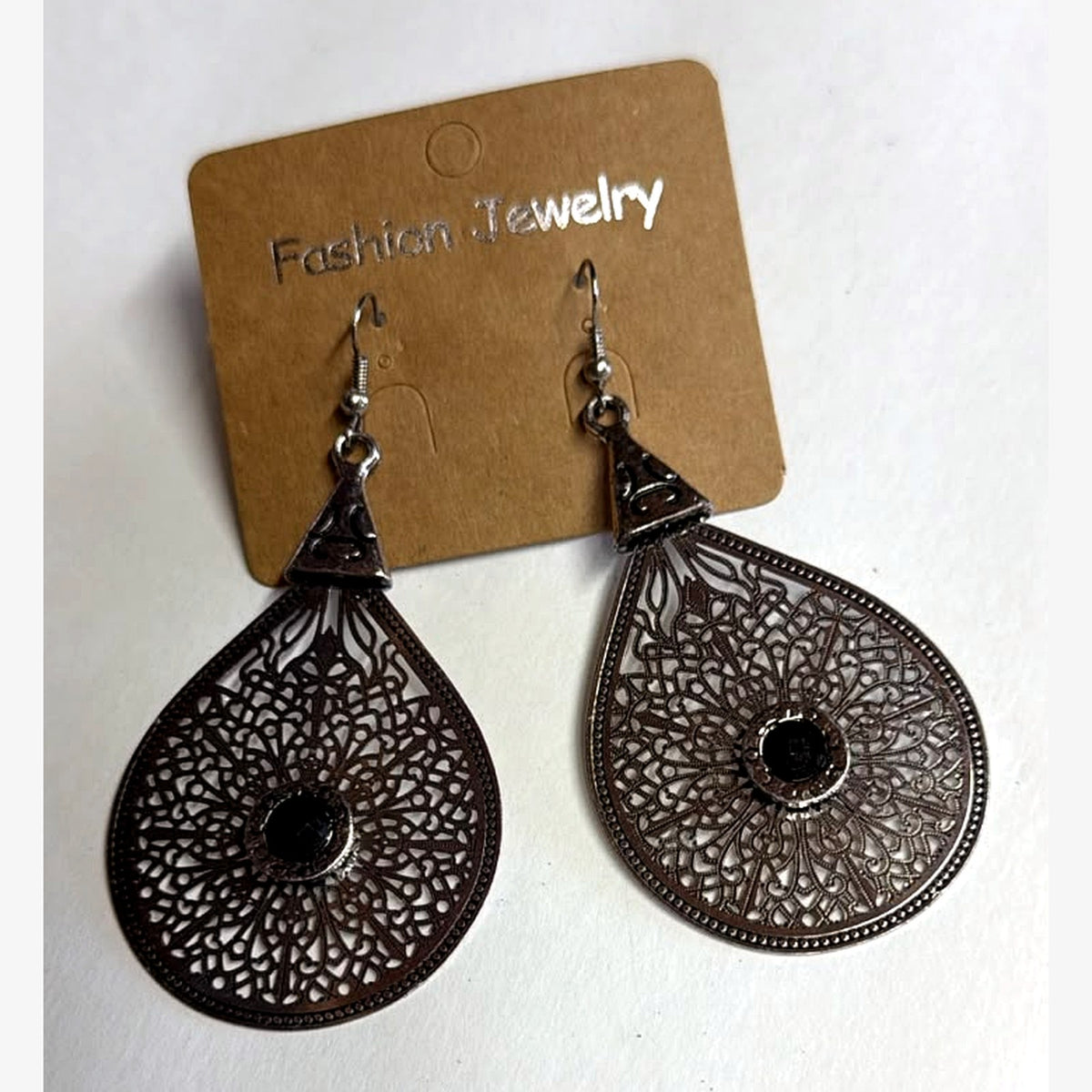 Pear Filigree Teardrop Earrings Black