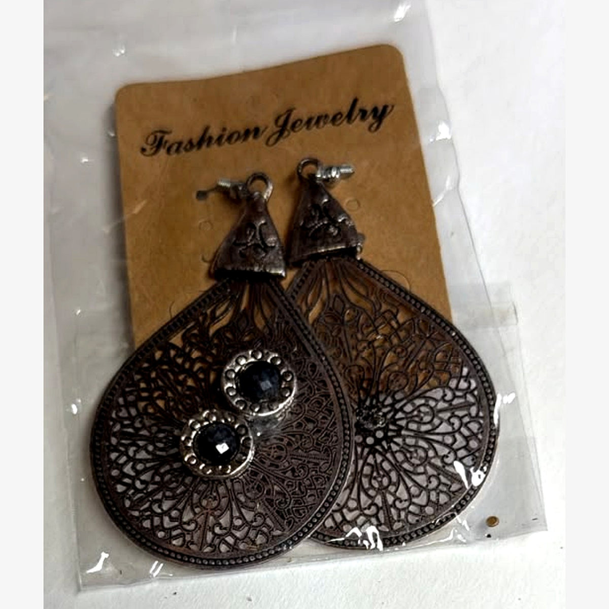 Pear Filigree Teardrop Earrings Black