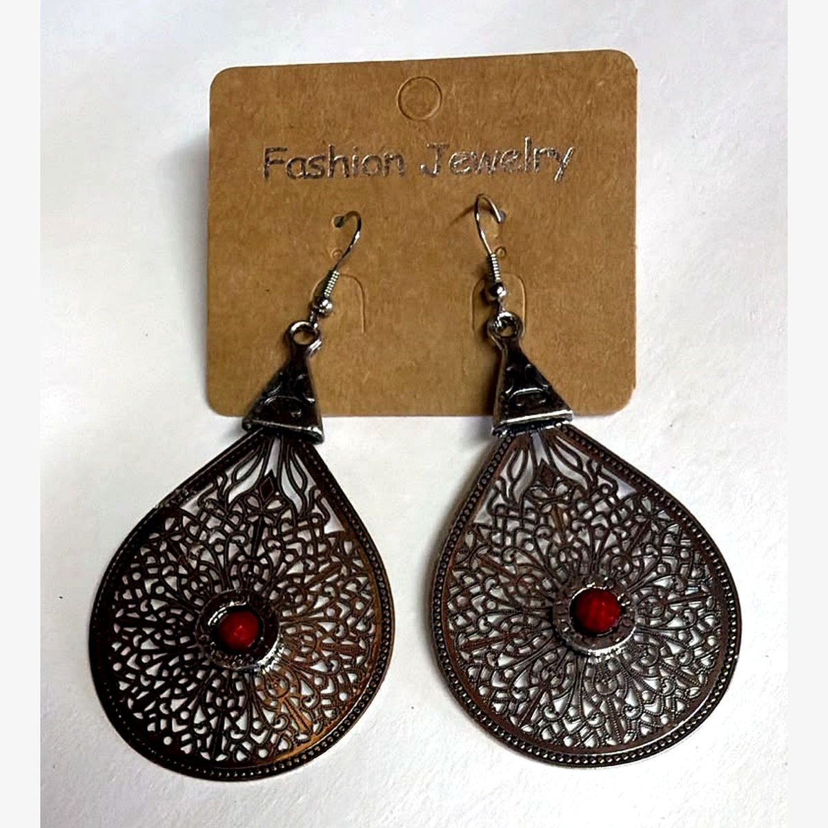 Pear Filigree Teardrop Earrings Red