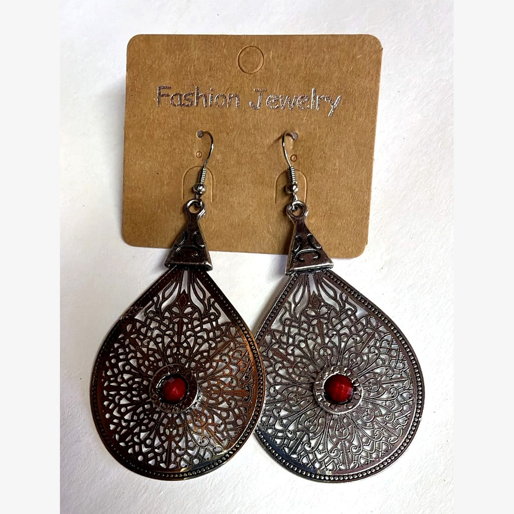 Pear Filigree Teardrop Earrings Red