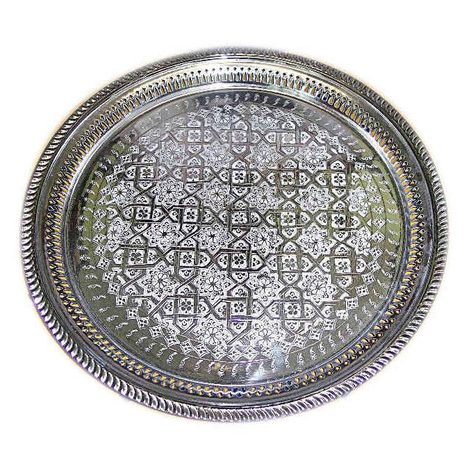 Moroccan Tea Tray Handmade Round Silver Platted -0