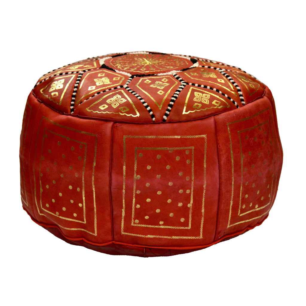 Leather Moroccan Handmade Pouf - Red
