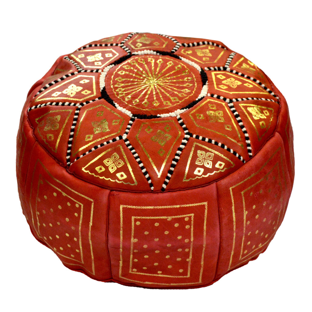 Leather Moroccan Handmade Pouf - Red