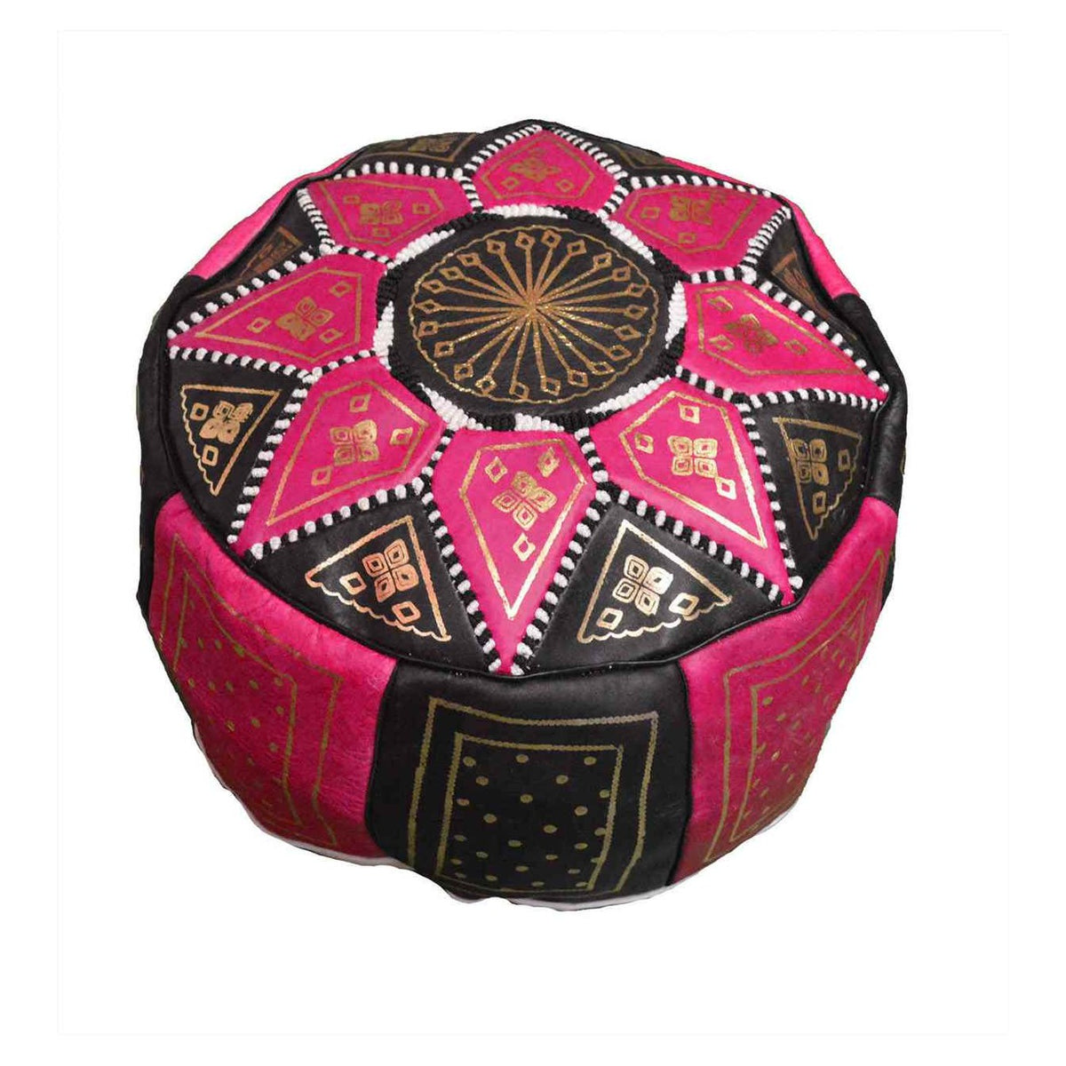 Black Two-Tone Leather Moroccan Handmade Pouf - Black Magenta