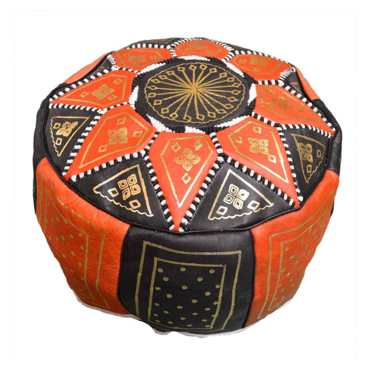 Black Two-Tone Leather Moroccan Handmade Pouf - Black Orange