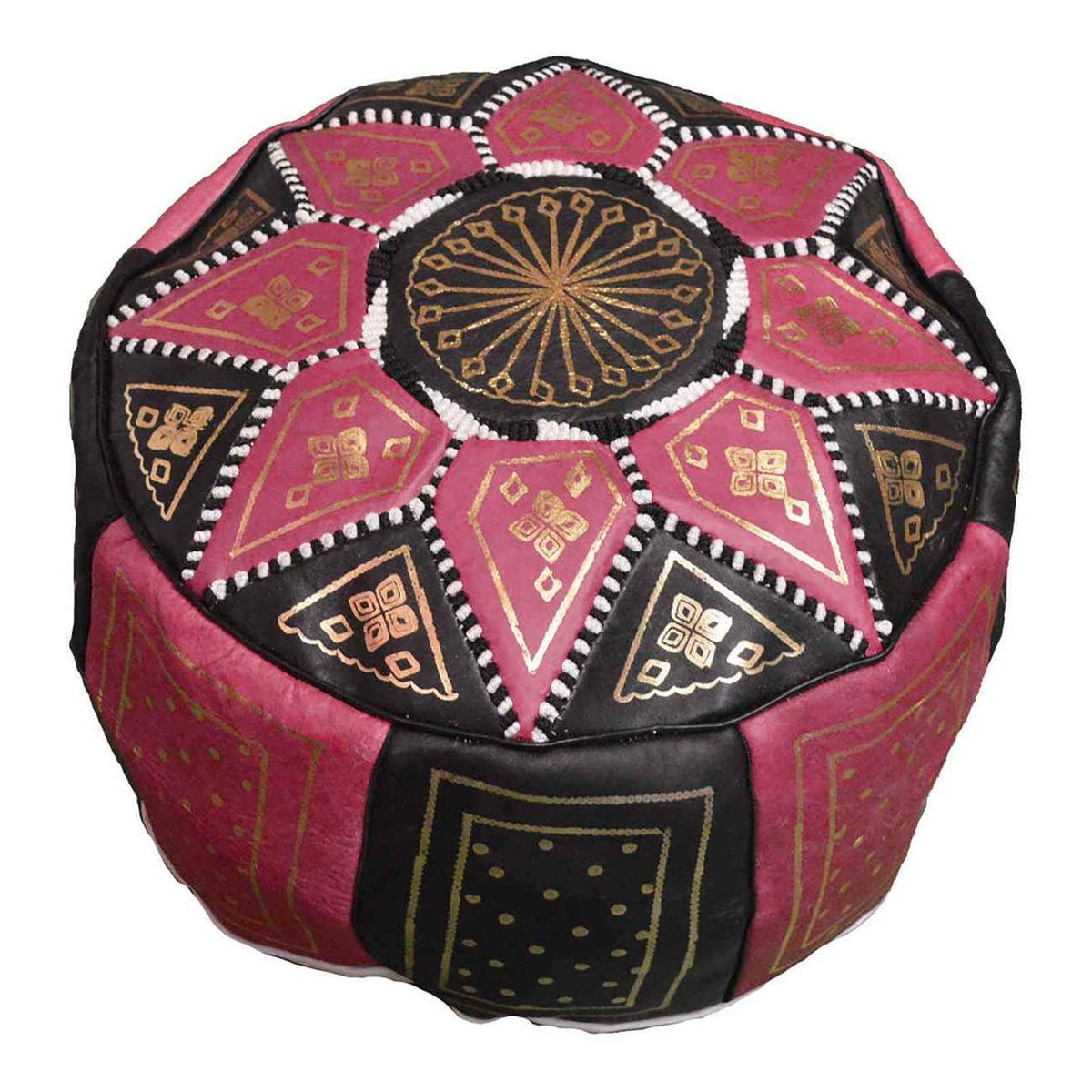 Black Two-Tone Leather Moroccan Handmade Pouf - Black Pink