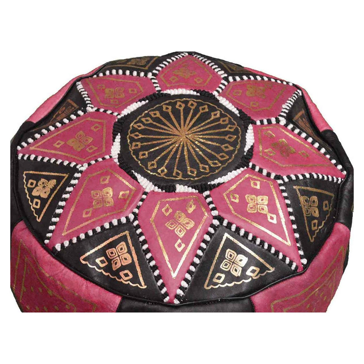 Black Two-Tone Leather Moroccan Handmade Pouf - Black Pink