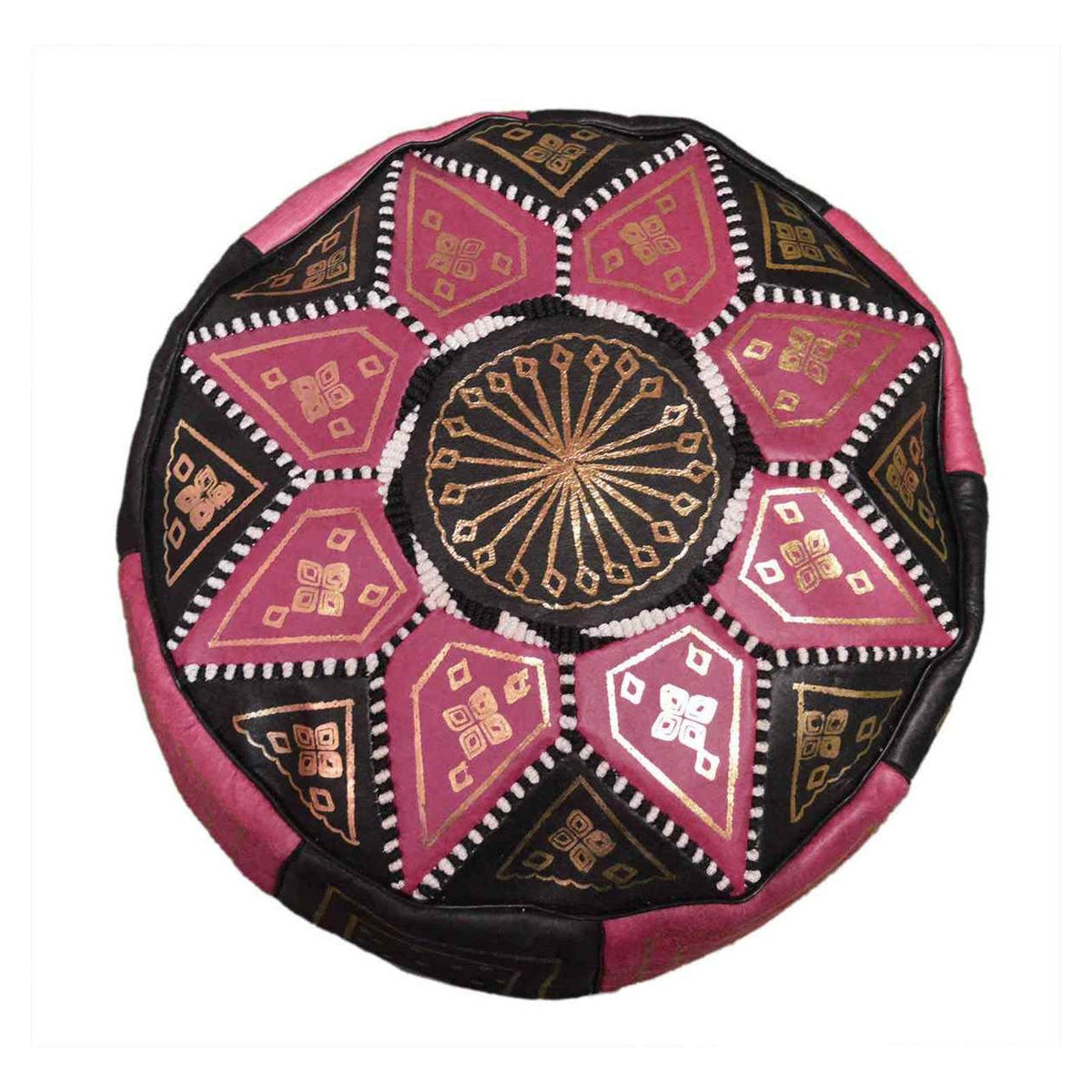 Black Two-Tone Leather Moroccan Handmade Pouf - Black Pink