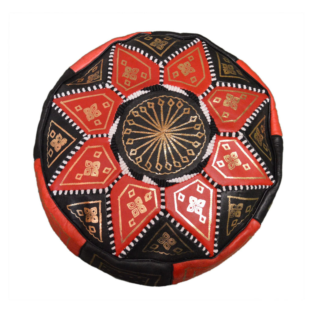 Black Two-Tone Leather Moroccan Handmade Pouf - Black Red
