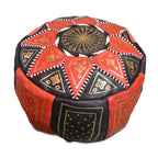 Black Two-Tone Leather Moroccan Handmade Pouf - Black Red