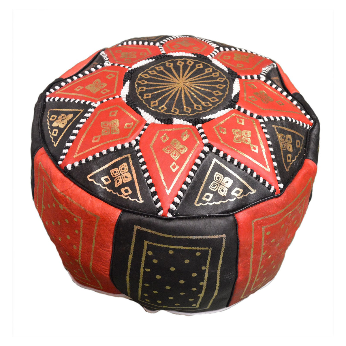Black Two-Tone Leather Moroccan Handmade Pouf - Black Red