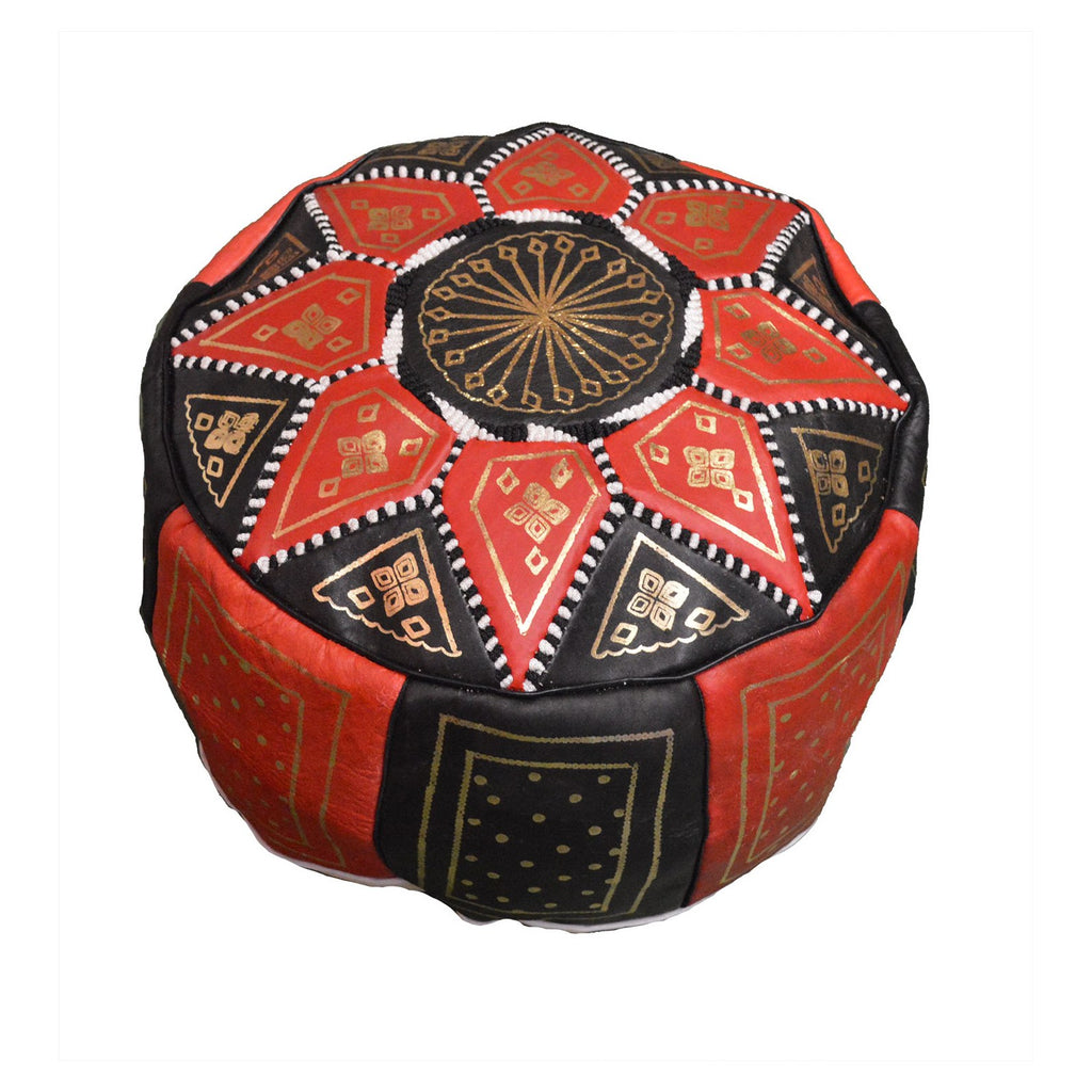 Black Two-Tone Leather Moroccan Handmade Pouf - Black Red