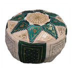 Beige Two-Tone Leather Moroccan Handmade Pouf - Green Beige