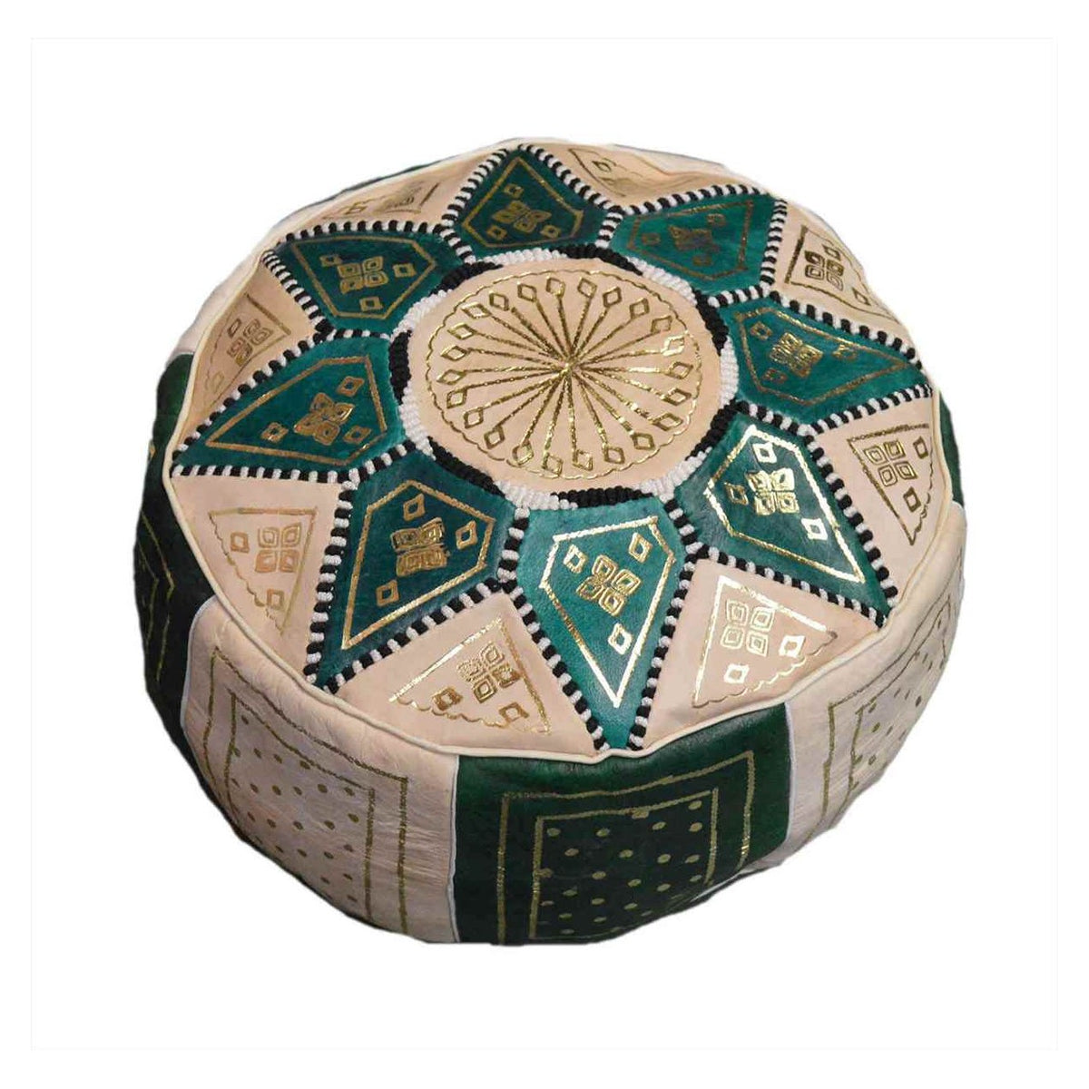 Beige Two-Tone Leather Moroccan Handmade Pouf - Green Beige