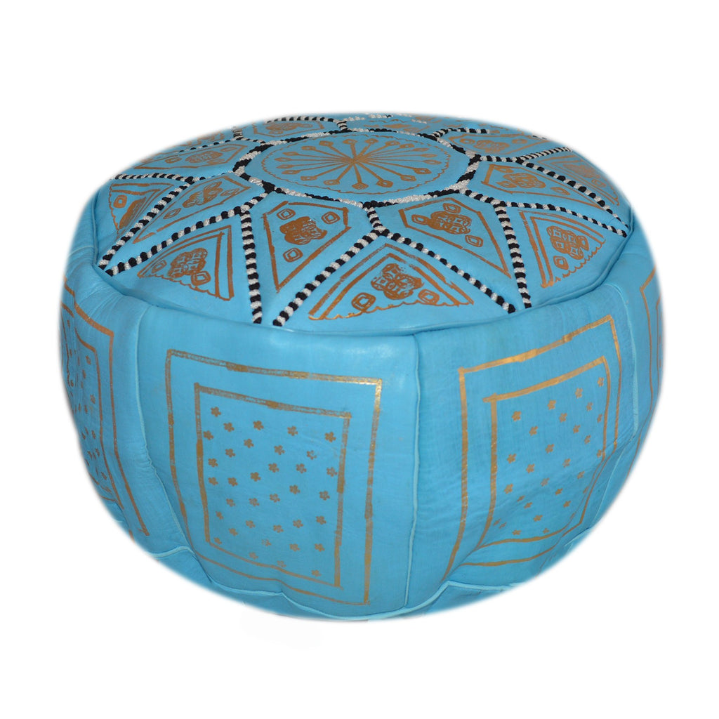 Leather Moroccan Handmade Pouf - Light Blue