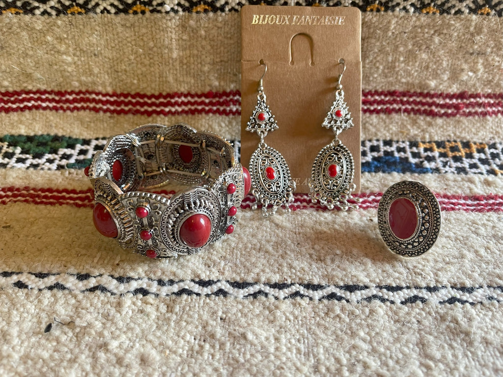 Salma Bracelet Ring Earrings Set Red