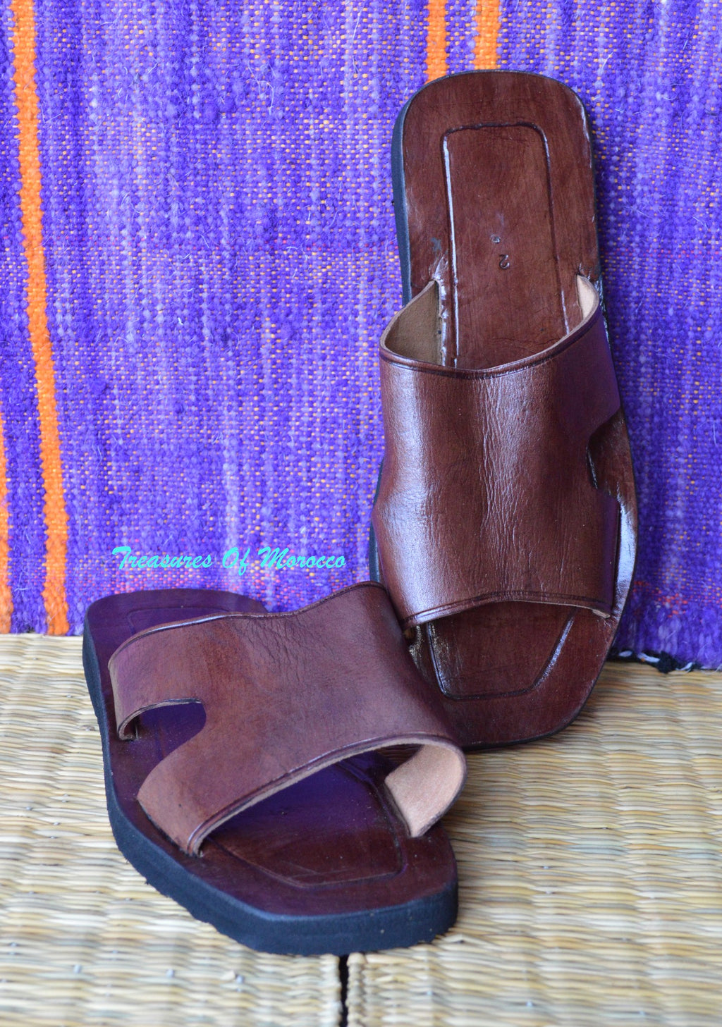 Side Cutout Handmade Leather Slide Sandals Brown