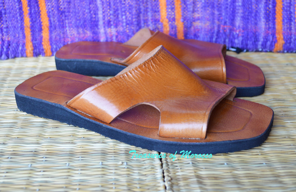 Side Cutout Handmade Leather Slide Sandals Tan