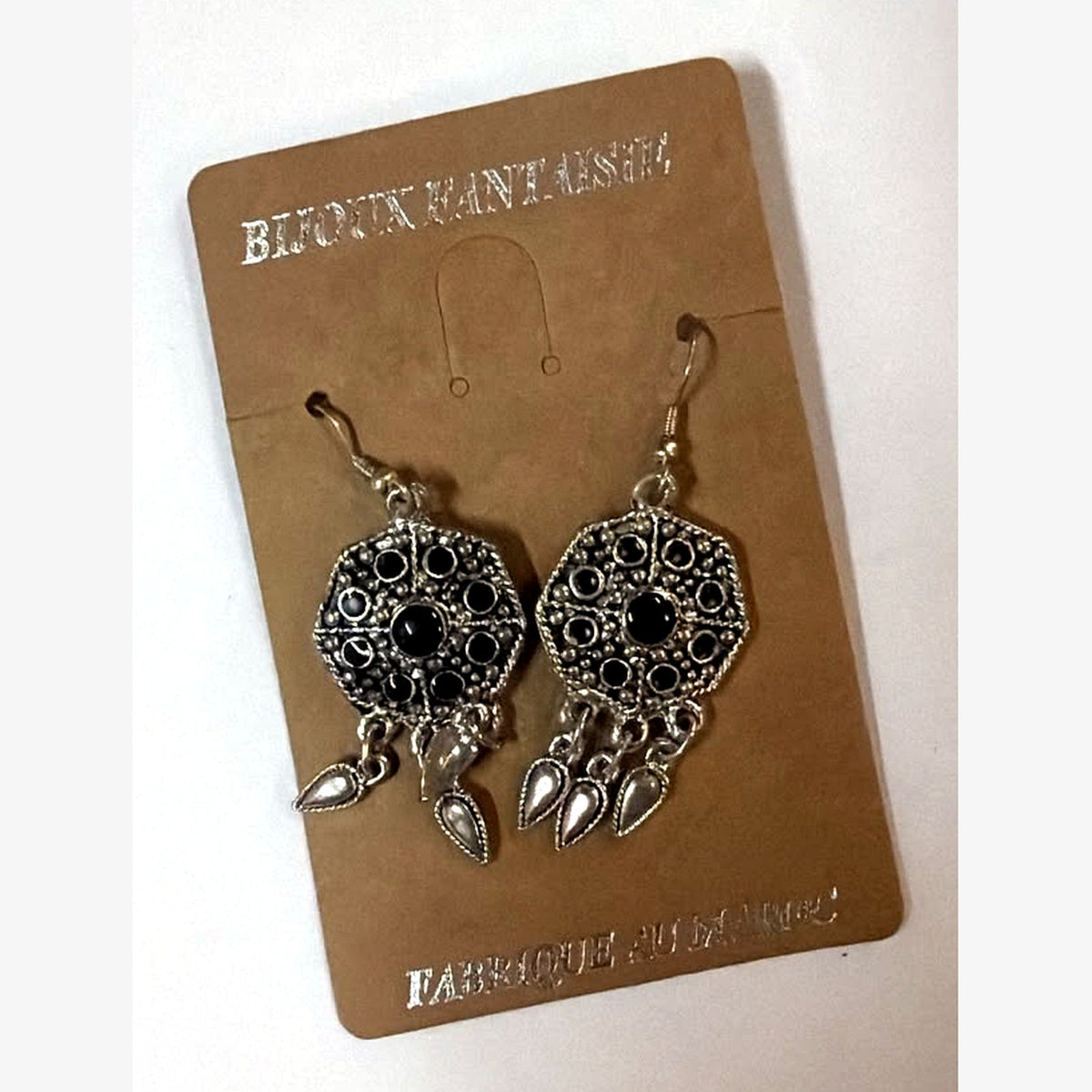 Square Stone Medallion Earrings Black