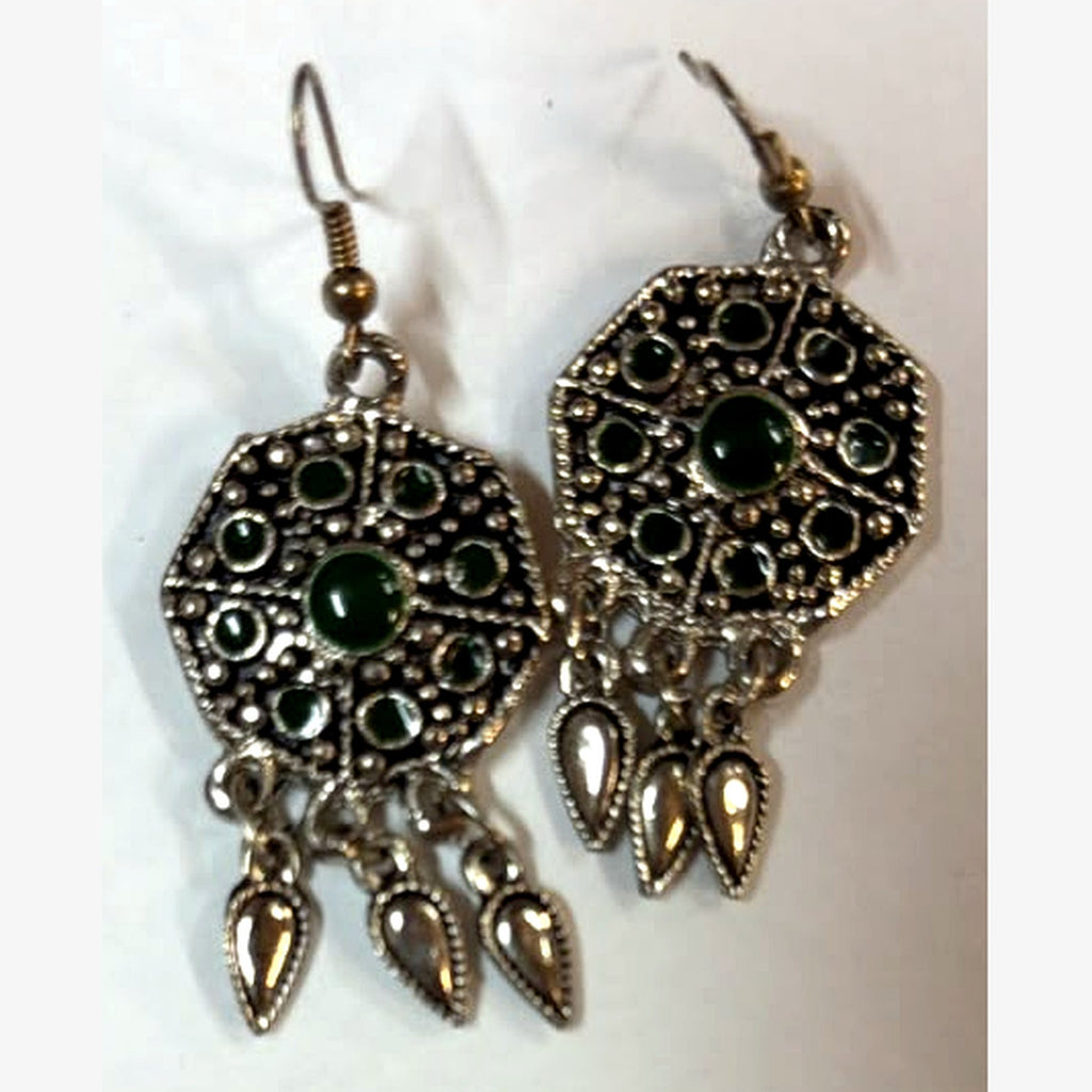Square Stone Medallion Earrings Green