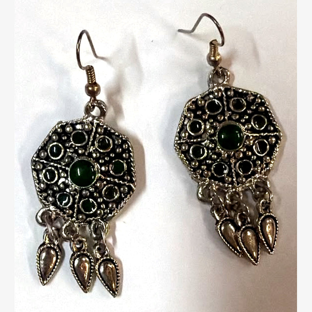 Square Stone Medallion Earrings Green