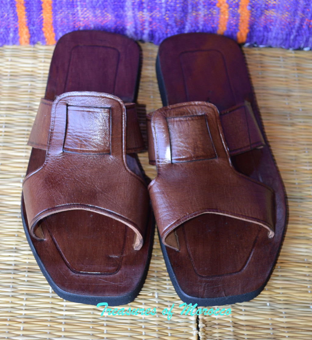 Square Panel Handmade Leather Slide Sandals Brown