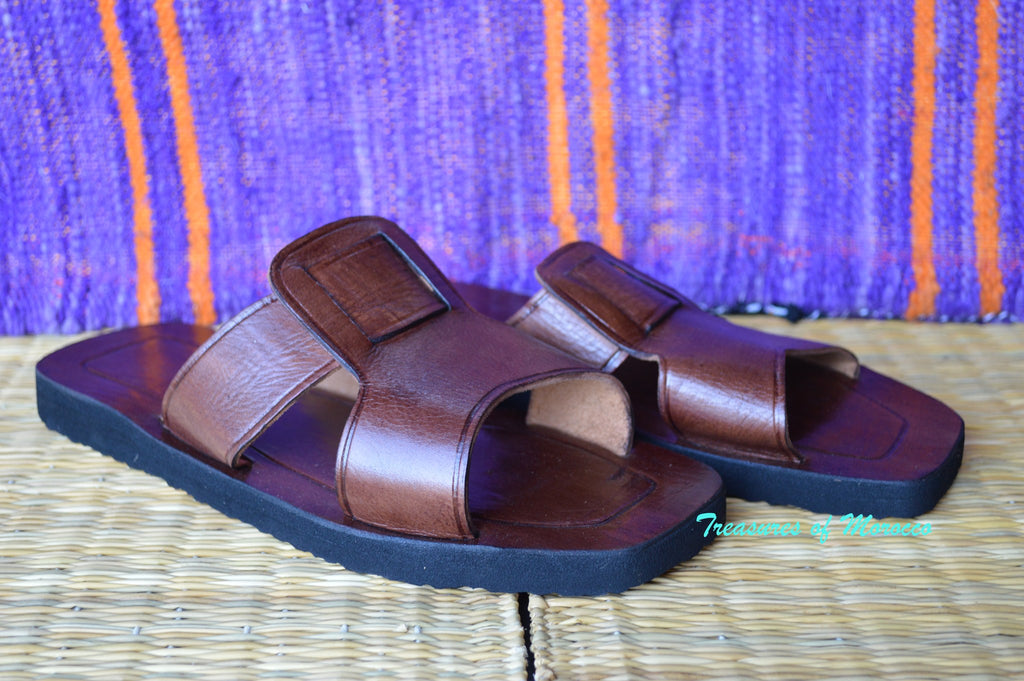 Square Panel Handmade Leather Slide Sandals Brown