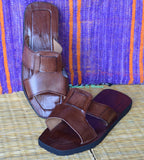 Square Panel Handmade Leather Slide Sandals Brown