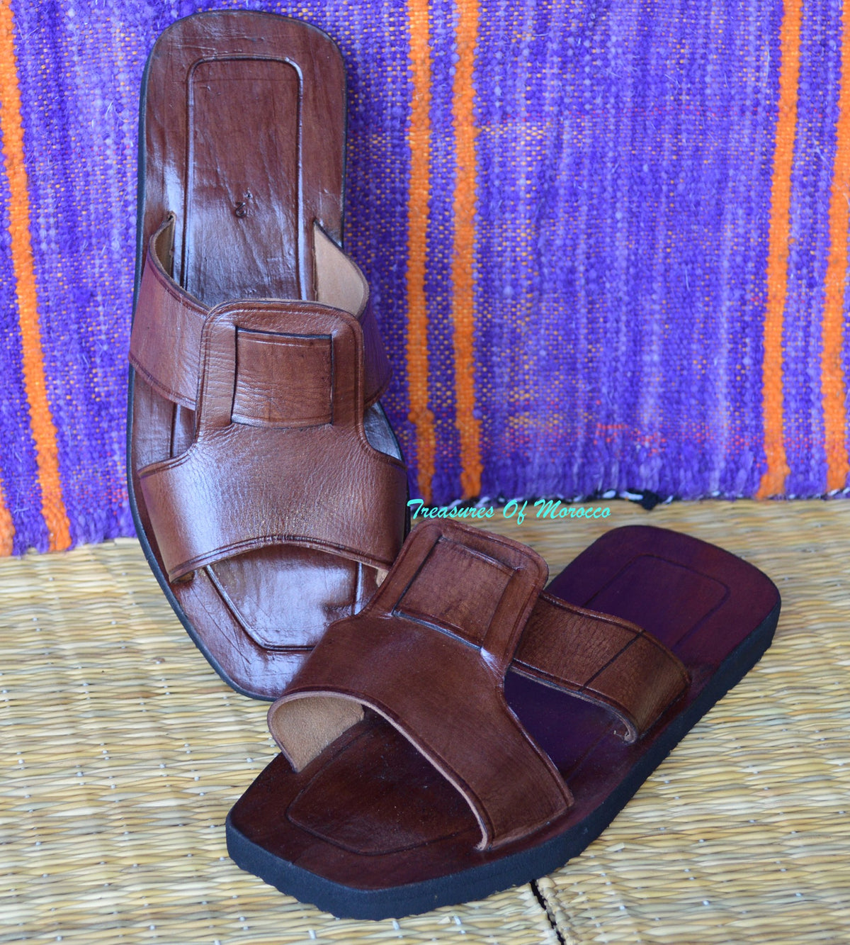 Square Panel Handmade Leather Slide Sandals Brown