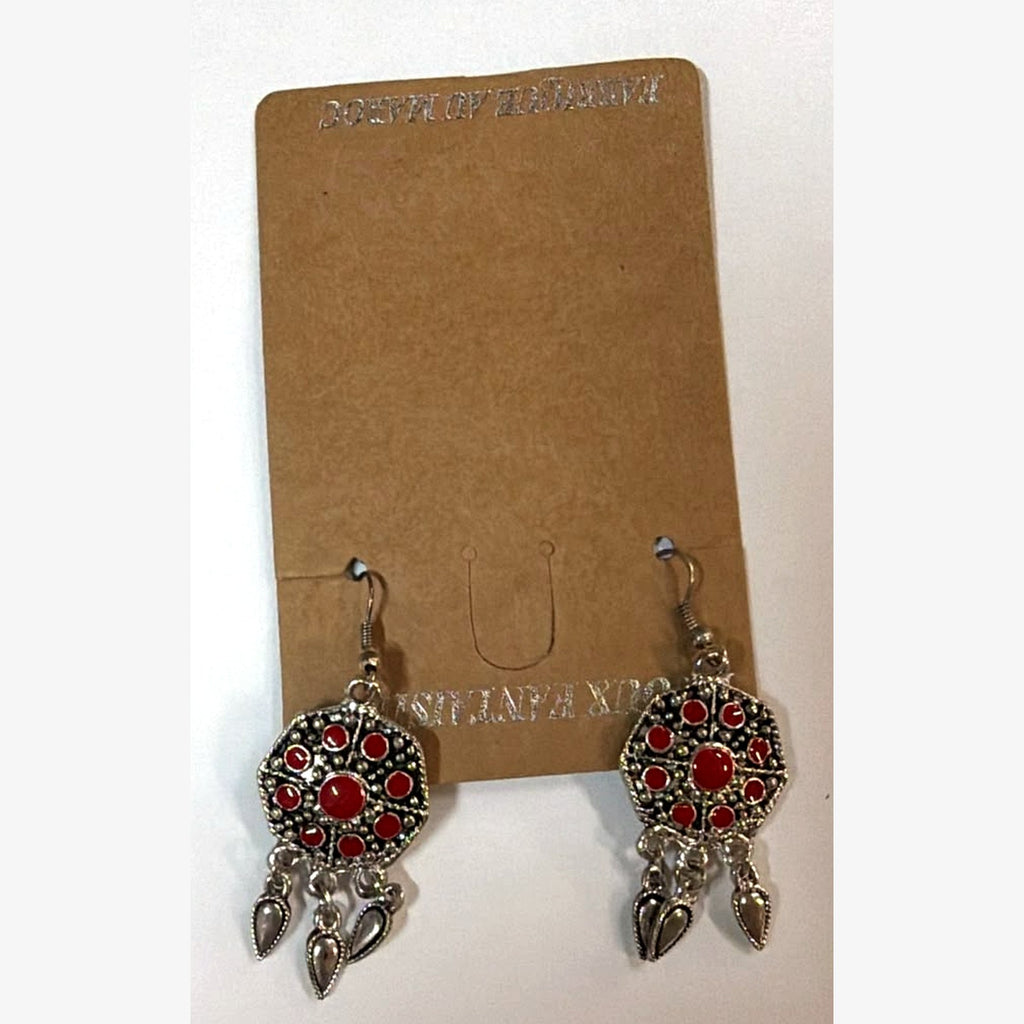 Square Stone Medallion Earrings Red