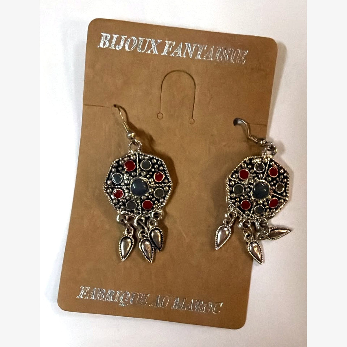 Square Stone Medallion Earrings Red with Grey