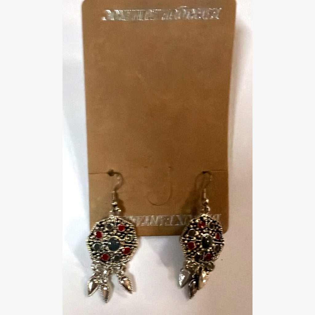 Square Stone Medallion Earrings Red with Grey