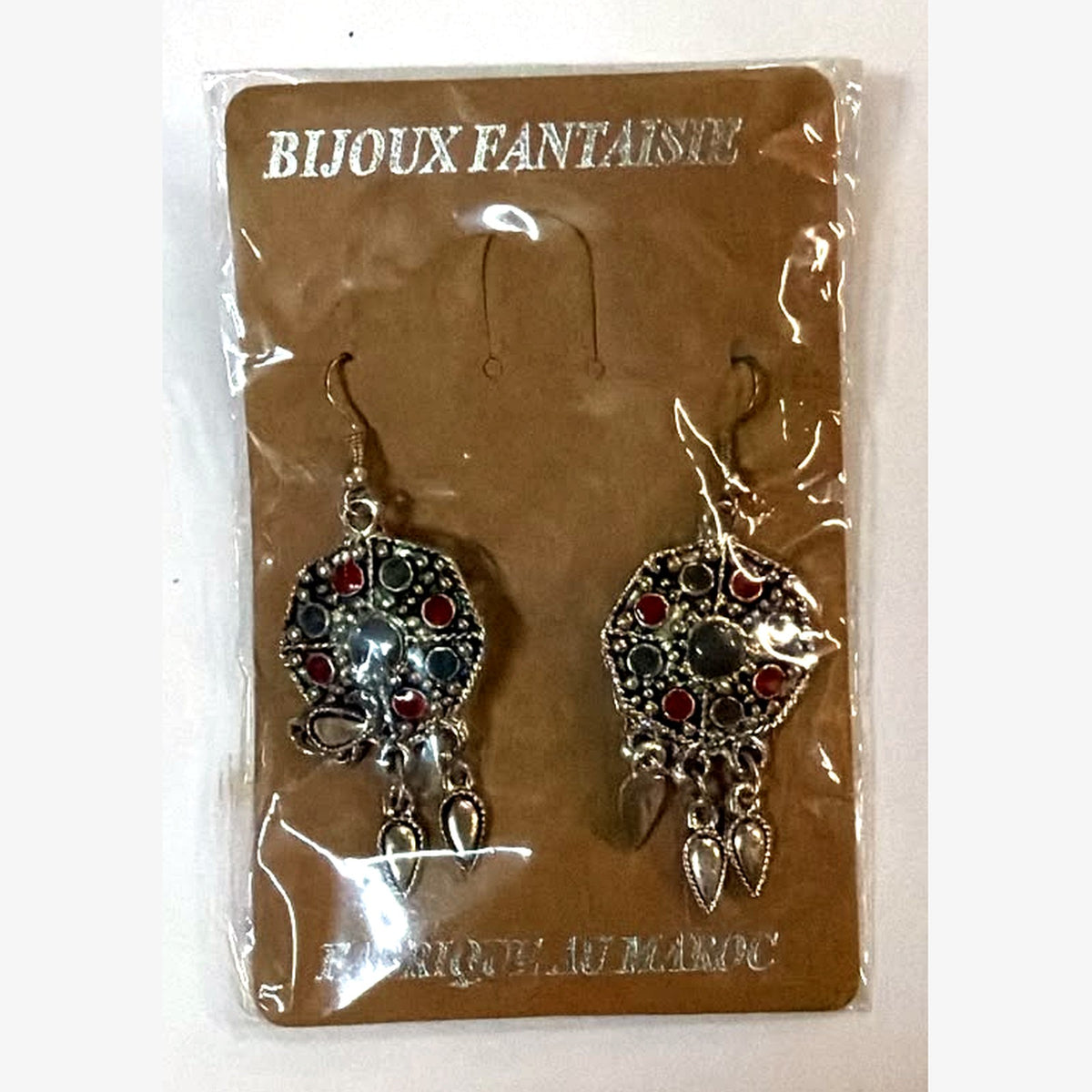 Square Stone Medallion Earrings Red with Grey